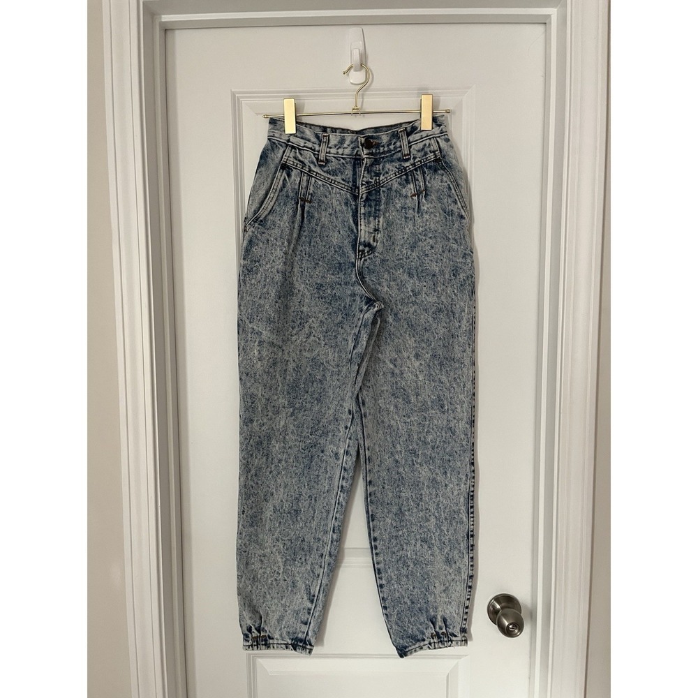 VINTAGE Sunset Blues Jeans Women Tall Mom Loose Tapered Acid Wash Denim 26x28